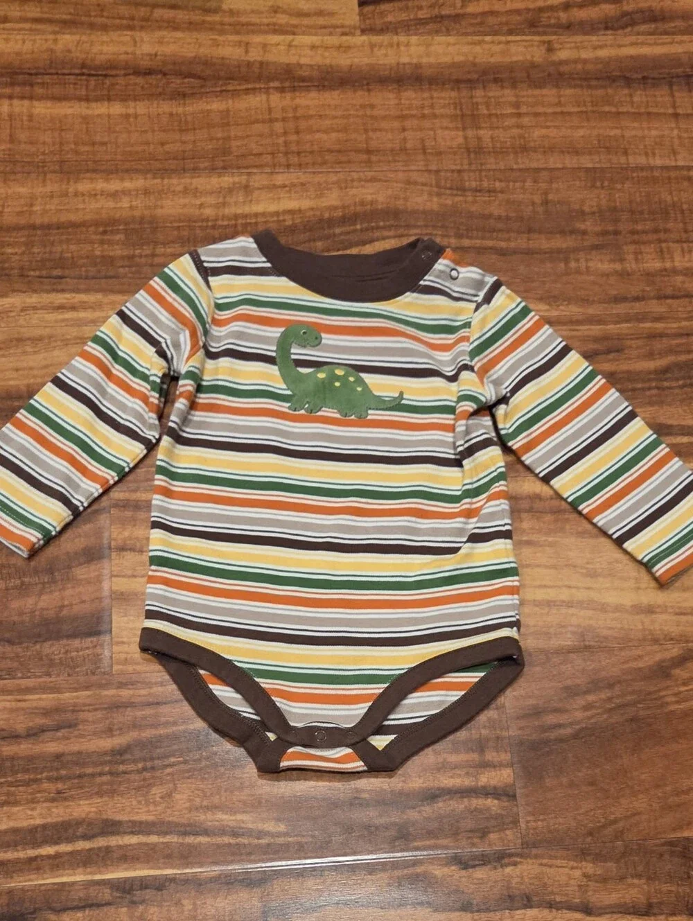 Gymboree EUC 18-24 Month Green/Orange/Brown Striped Bodysuit, Dino Jeans & Socks